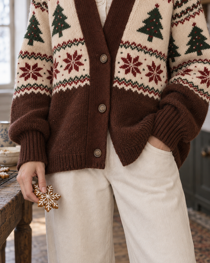 Casual Brown Fair Isle Christmas Tree Jacquard Knit V-neck Long-sleeve Button-front Oversized Cardigan MVA003930AA