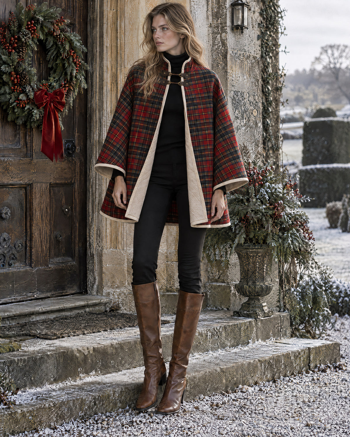 Elegant Red Tartan Plaid Reversible Quilted Stand Collar Wide-sleeve Leather Clasp Cape Coat MVA003940AA