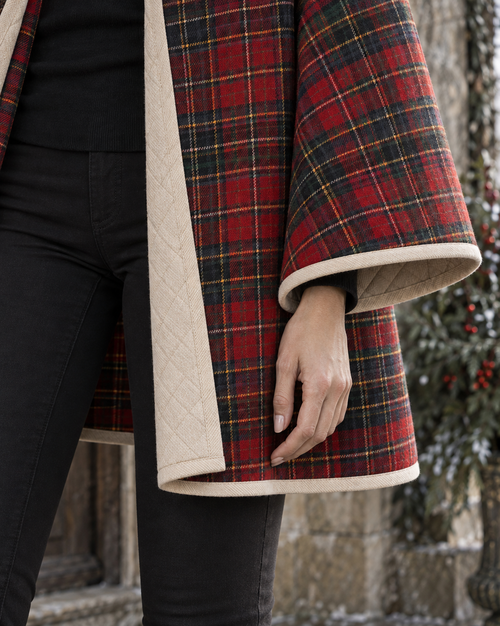 Elegant Red Tartan Plaid Reversible Quilted Stand Collar Wide-sleeve Leather Clasp Cape Coat MVA003940AA