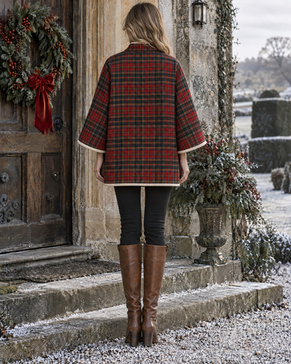 Elegant Red Tartan Plaid Reversible Quilted Stand Collar Wide-sleeve Leather Clasp Cape Coat MVA003940AA