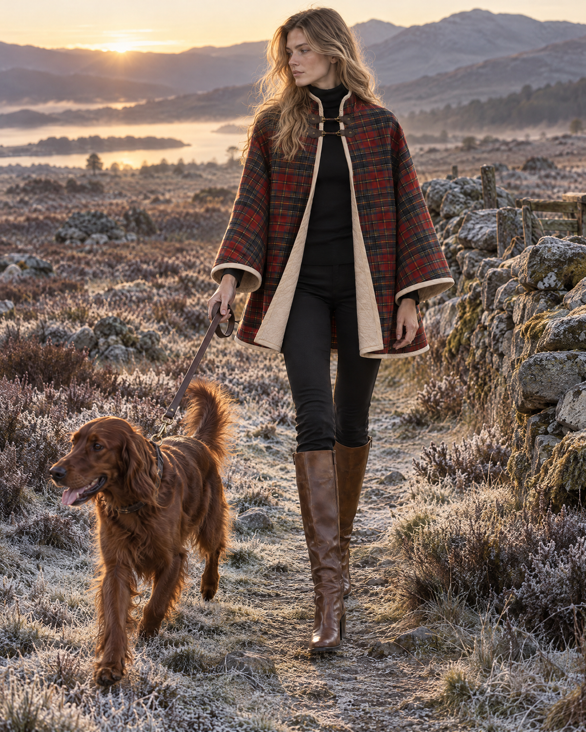 Elegant Red Tartan Plaid Reversible Quilted Stand Collar Wide-sleeve Leather Clasp Cape Coat MVA003940AA