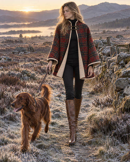 Elegant Red Tartan Plaid Reversible Quilted Stand Collar Wide-sleeve Leather Clasp Cape Coat MVA003940AA