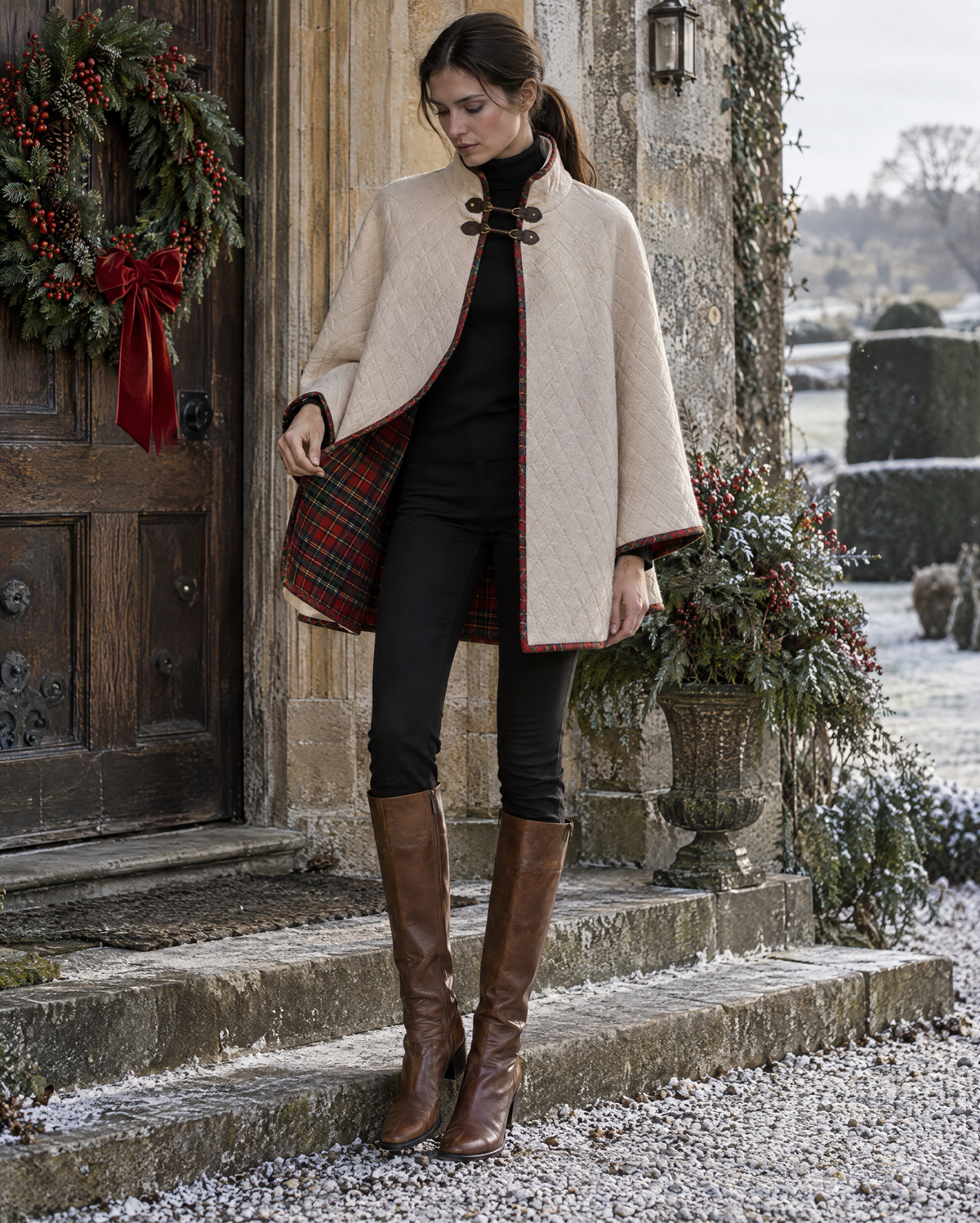 Elegant Red Tartan Plaid Reversible Quilted Stand Collar Wide-sleeve Leather Clasp Cape Coat MVA003940AA