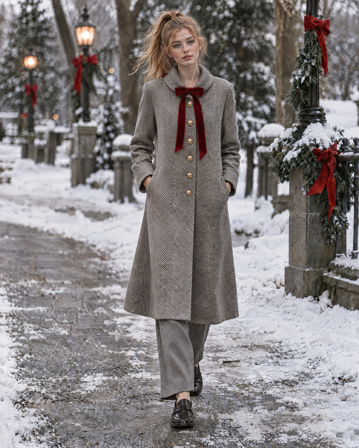 Elegant Taupe Herringbone Wool-blend Lapel Long-sleeve Red Velvet Bow Single-breasted Gold Button Longline Coat MVA003960AA