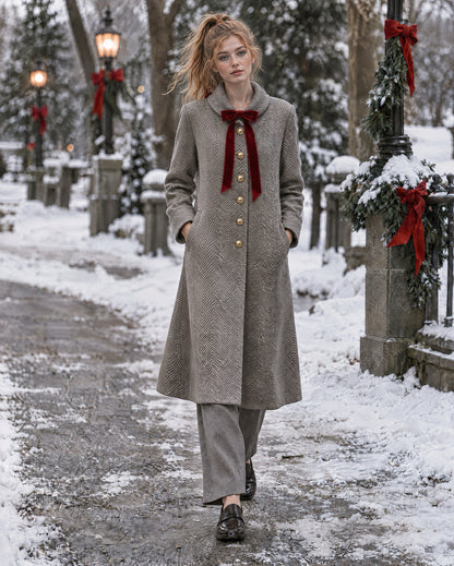 Elegant Taupe Herringbone Wool-blend Lapel Long-sleeve Red Velvet Bow Single-breasted Gold Button Longline Coat MVA003960AA
