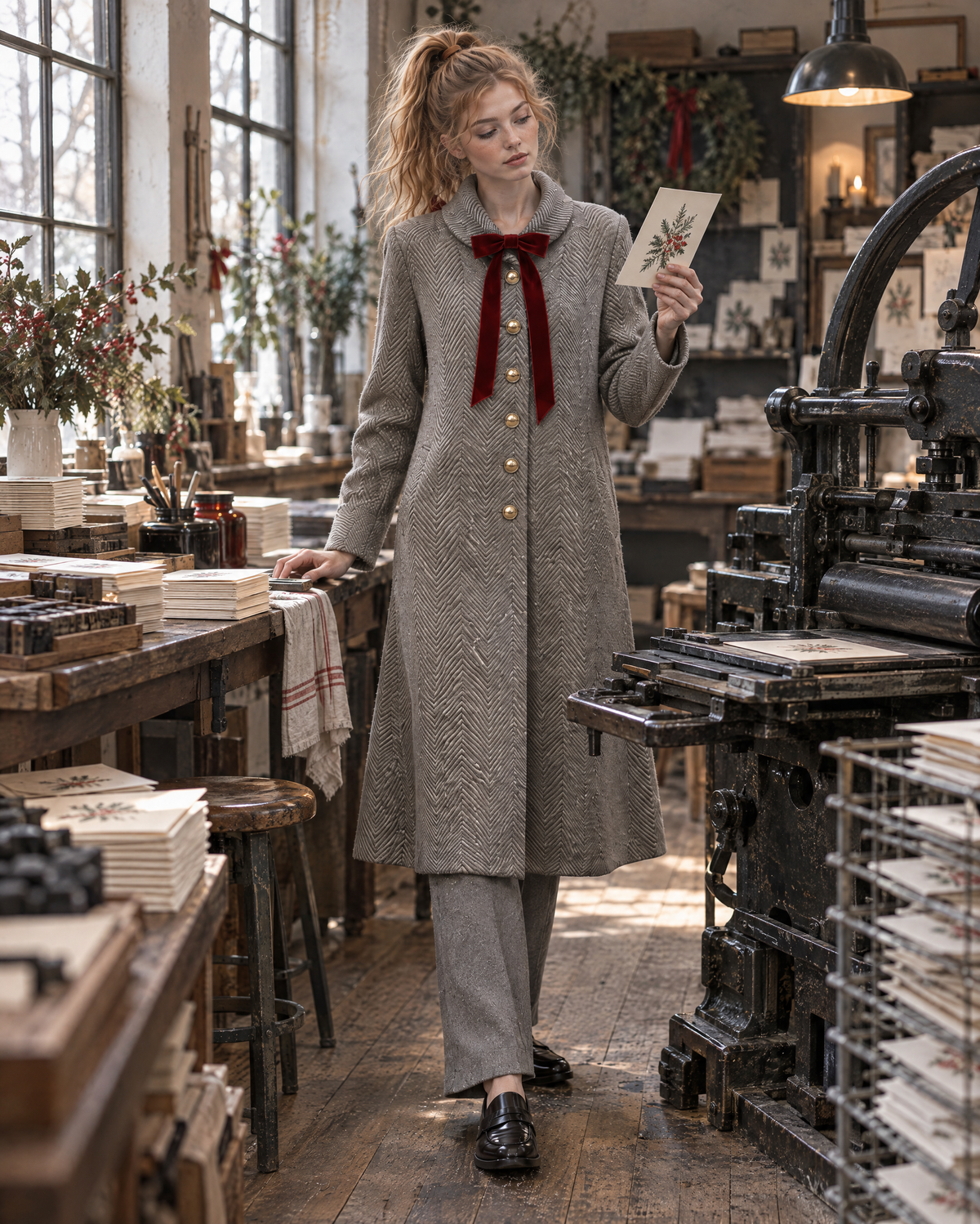 Elegant Taupe Herringbone Wool-blend Lapel Long-sleeve Red Velvet Bow Single-breasted Gold Button Longline Coat MVA003960AA