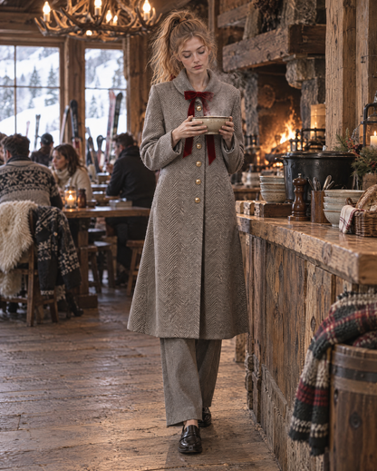Elegant Taupe Herringbone Wool-blend Lapel Long-sleeve Red Velvet Bow Single-breasted Gold Button Longline Coat MVA003960AA