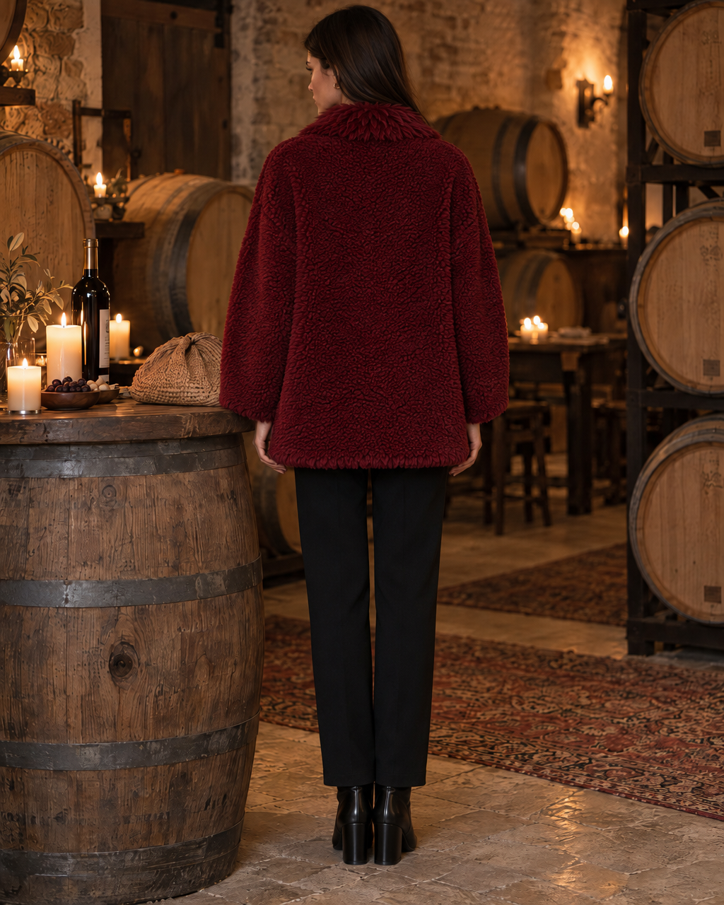 Casual Burgundy Teddy Sherpa Faux Fur Shawl Collar Long-sleeve Open-front Oversized Jacket MVA003970AA