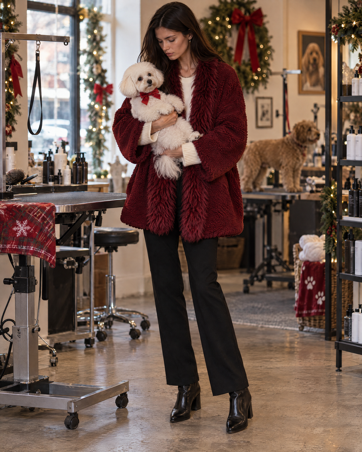 Casual Burgundy Teddy Sherpa Faux Fur Shawl Collar Long-sleeve Open-front Oversized Jacket MVA003970AA