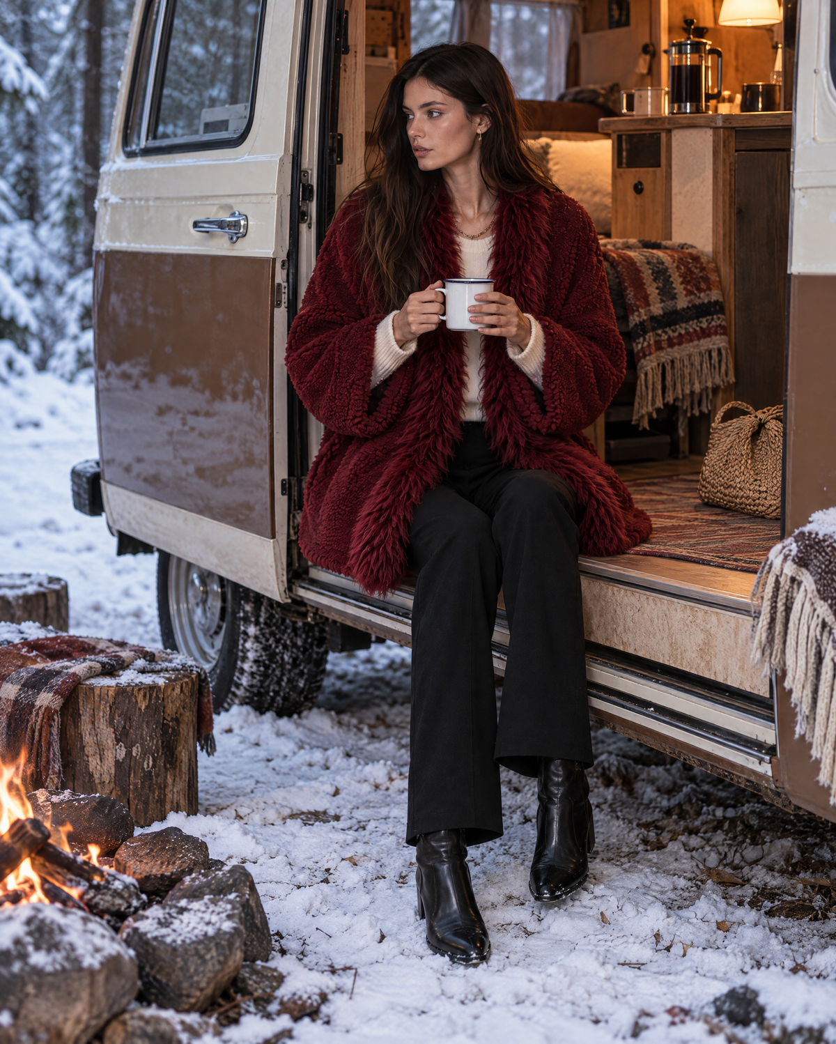 Casual Burgundy Teddy Sherpa Faux Fur Shawl Collar Long-sleeve Open-front Oversized Jacket MVA003970AA