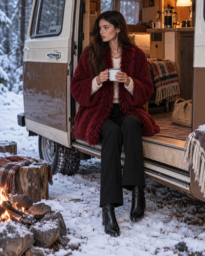 Casual Burgundy Teddy Sherpa Faux Fur Shawl Collar Long-sleeve Open-front Oversized Jacket MVA003970AA
