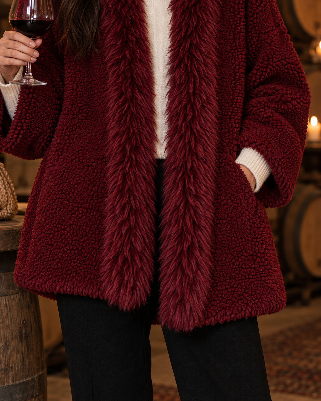 Casual Burgundy Teddy Sherpa Faux Fur Shawl Collar Long-sleeve Open-front Oversized Jacket MVA003970AA