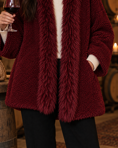 Casual Burgundy Teddy Sherpa Faux Fur Shawl Collar Long-sleeve Open-front Oversized Jacket MVA003970AA