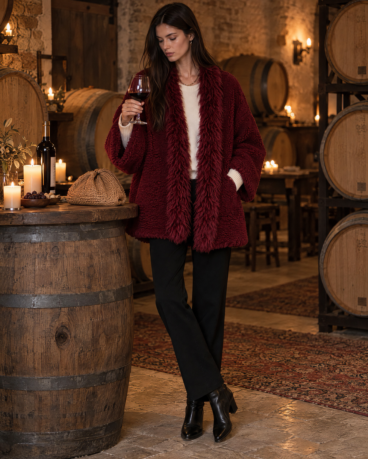 Casual Burgundy Teddy Sherpa Faux Fur Shawl Collar Long-sleeve Open-front Oversized Jacket MVA003970AA