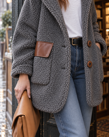 Casual Grey Teddy Sherpa Hooded Long-sleeve Faux Leather Pocket Flap Button-front Longline Coat MVA004000AA