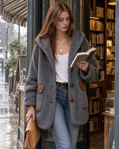 Casual Grey Teddy Sherpa Hooded Long-sleeve Faux Leather Pocket Flap Button-front Longline Coat MVA004000AA