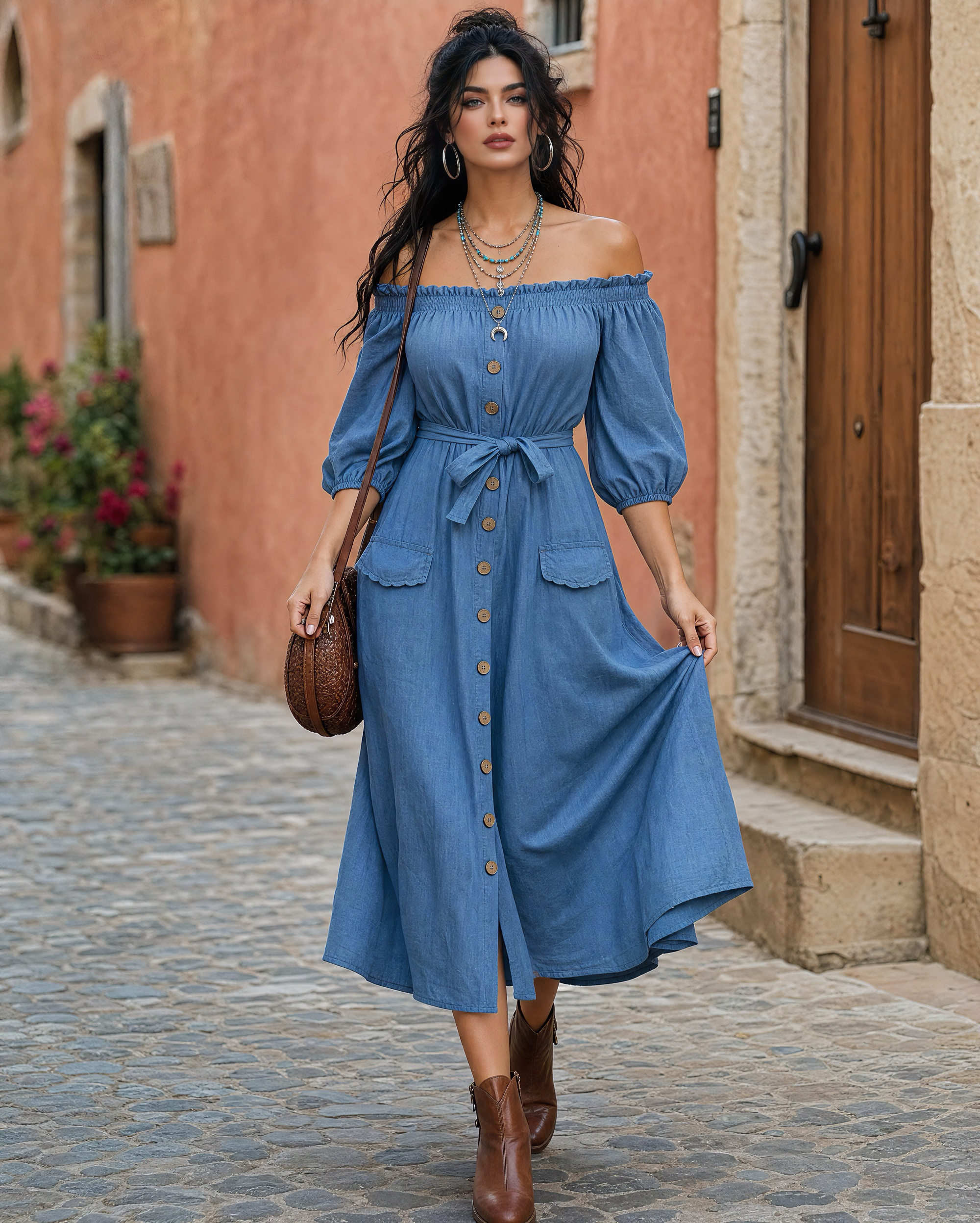 Boho Off Shoulder Puff Sleeve Self Tie Waist Button Front Pocket Casual Midi Dress MVA000400AA