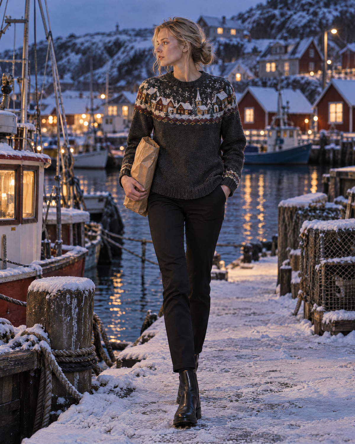 Casual Charcoal Grey Winter Village Jacquard Knit Crew Neck Long-sleeve Fair Isle Yoke Sweater MVA004020AA