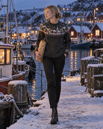 Casual Charcoal Grey Winter Village Jacquard Knit Crew Neck Long-sleeve Fair Isle Yoke Sweater MVA004020AA