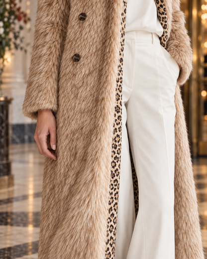 Elegant Camel Faux Fur Lapel Long-sleeve Leopard Print Lined Double-breasted Maxi Coat MVA004030AA