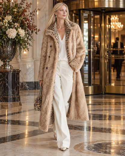 Elegant Camel Faux Fur Lapel Long-sleeve Leopard Print Lined Double-breasted Maxi Coat MVA004030AA