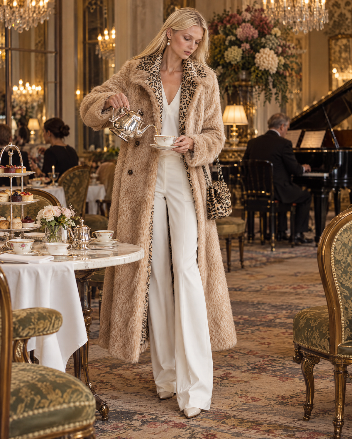 Elegant Camel Faux Fur Lapel Long-sleeve Leopard Print Lined Double-breasted Maxi Coat MVA004030AA