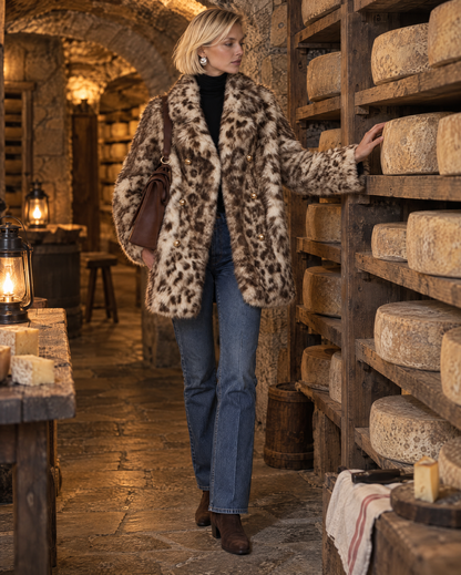 Elegant Ivory And Brown Leopard Print Faux Fur Lapel Long-sleeve Double-breasted Gold Button Coat MVA004040AA