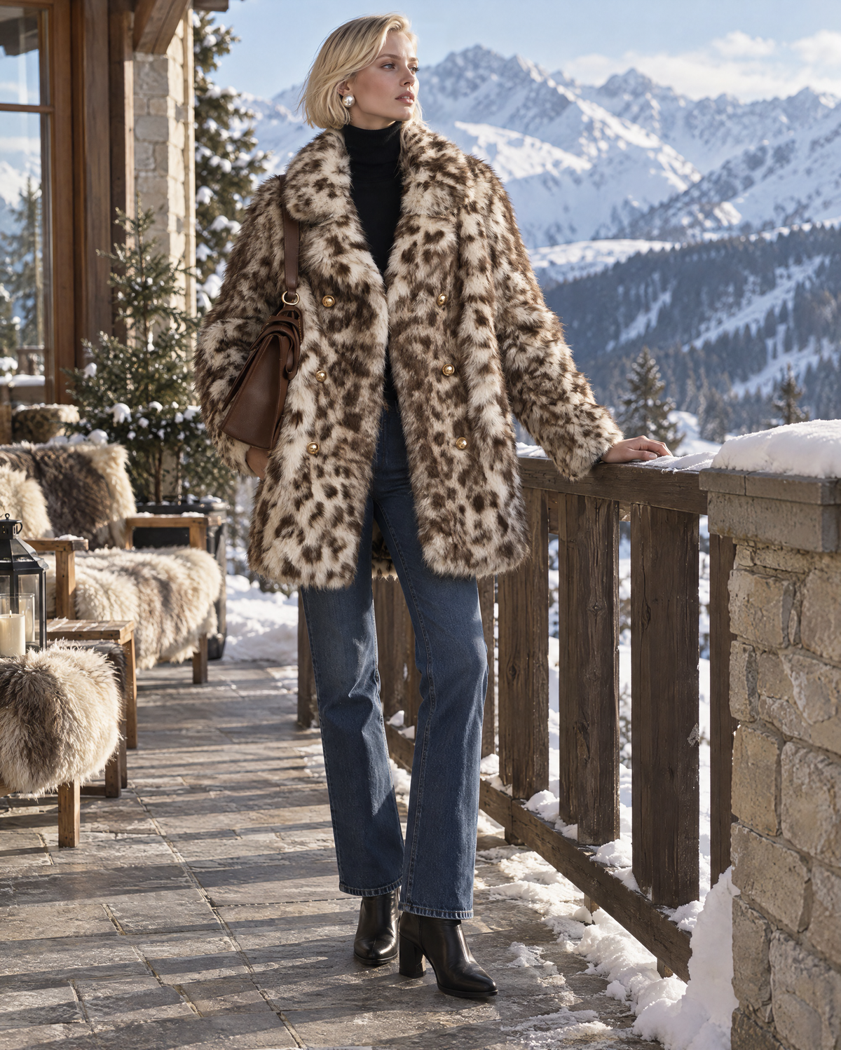 Elegant Ivory And Brown Leopard Print Faux Fur Lapel Long-sleeve Double-breasted Gold Button Coat MVA004040AA
