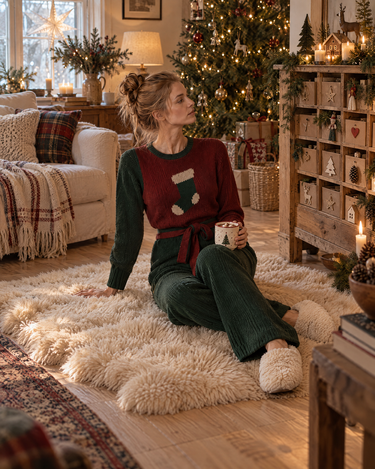 Casual Burgundy And Dark Green Color Block Chenille Knit Crew Neck Long-sleeve Christmas Stocking Sweater MVA004060AA