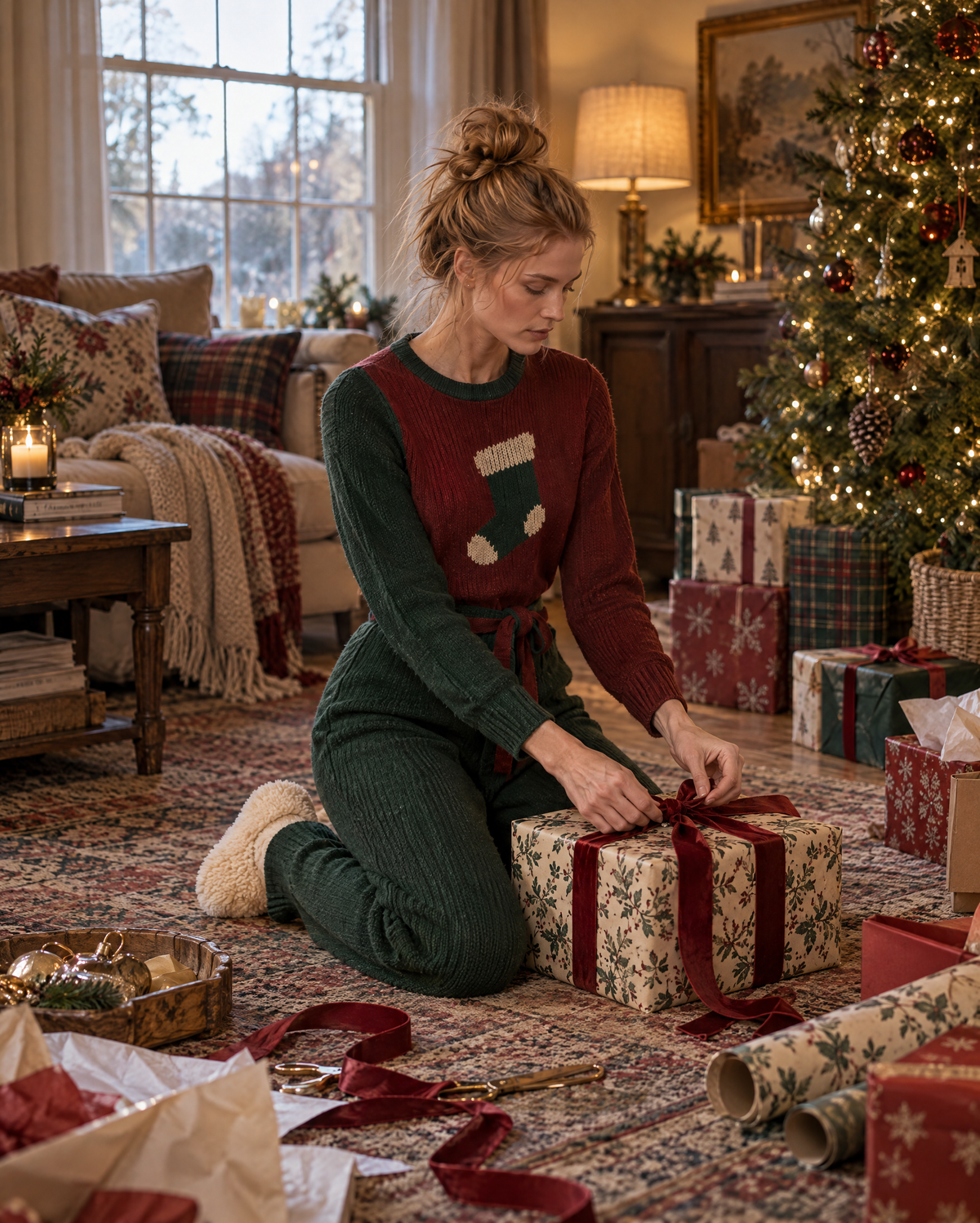 Casual Burgundy And Dark Green Color Block Chenille Knit Crew Neck Long-sleeve Christmas Stocking Sweater MVA004060AA
