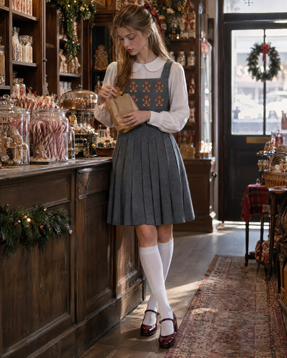 Sweet Grey Wool-blend Square Neck Sleeveless Gingerbread Appliqué Pleated Pinafore Dress MVA004070AA