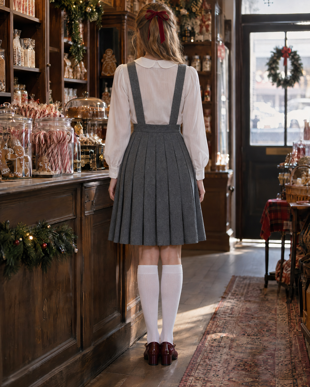 Sweet Grey Wool-blend Square Neck Sleeveless Gingerbread Appliqué Pleated Pinafore Dress MVA004070AA