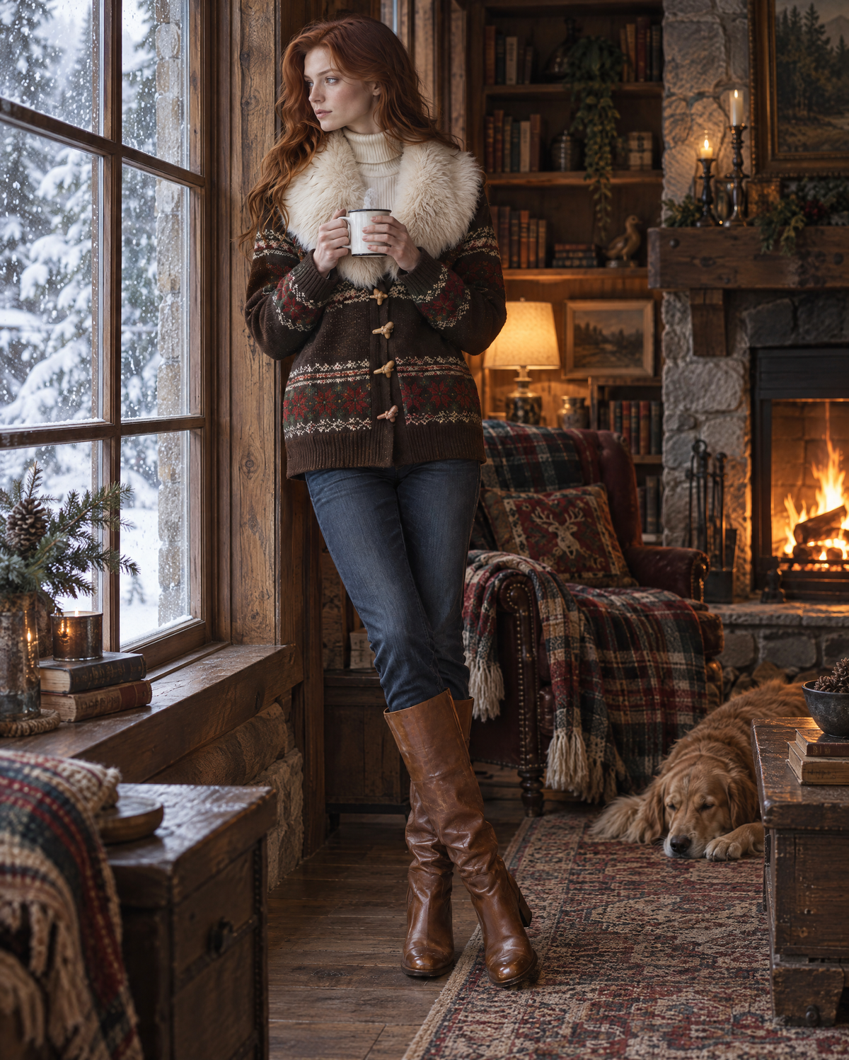 Casual Brown Fair Isle Jacquard Knit Faux Fur Collar Long-sleeve Toggle Sweater Jacket MVA004080AA