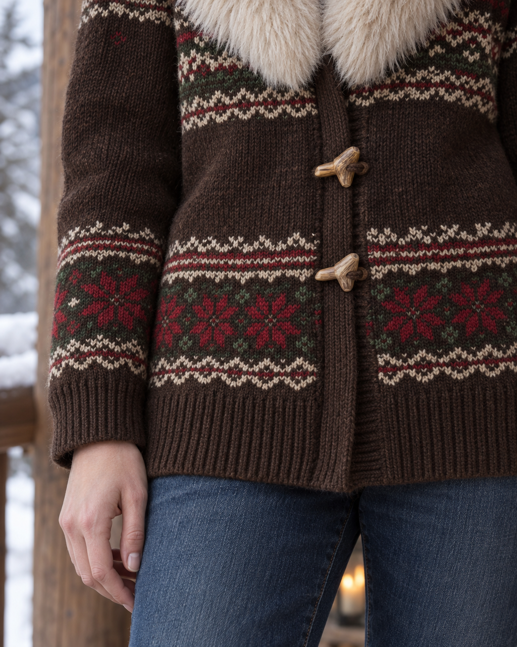 Casual Brown Fair Isle Jacquard Knit Faux Fur Collar Long-sleeve Toggle Sweater Jacket MVA004080AA