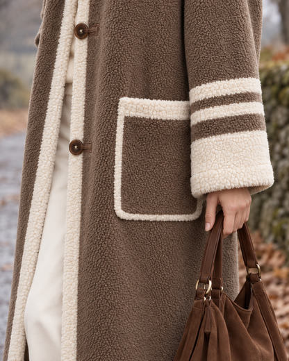 Casual Taupe Brown Teddy Sherpa Hooded Long-sleeve Contrast Stripe Button-front Maxi Coat MVA004090AA