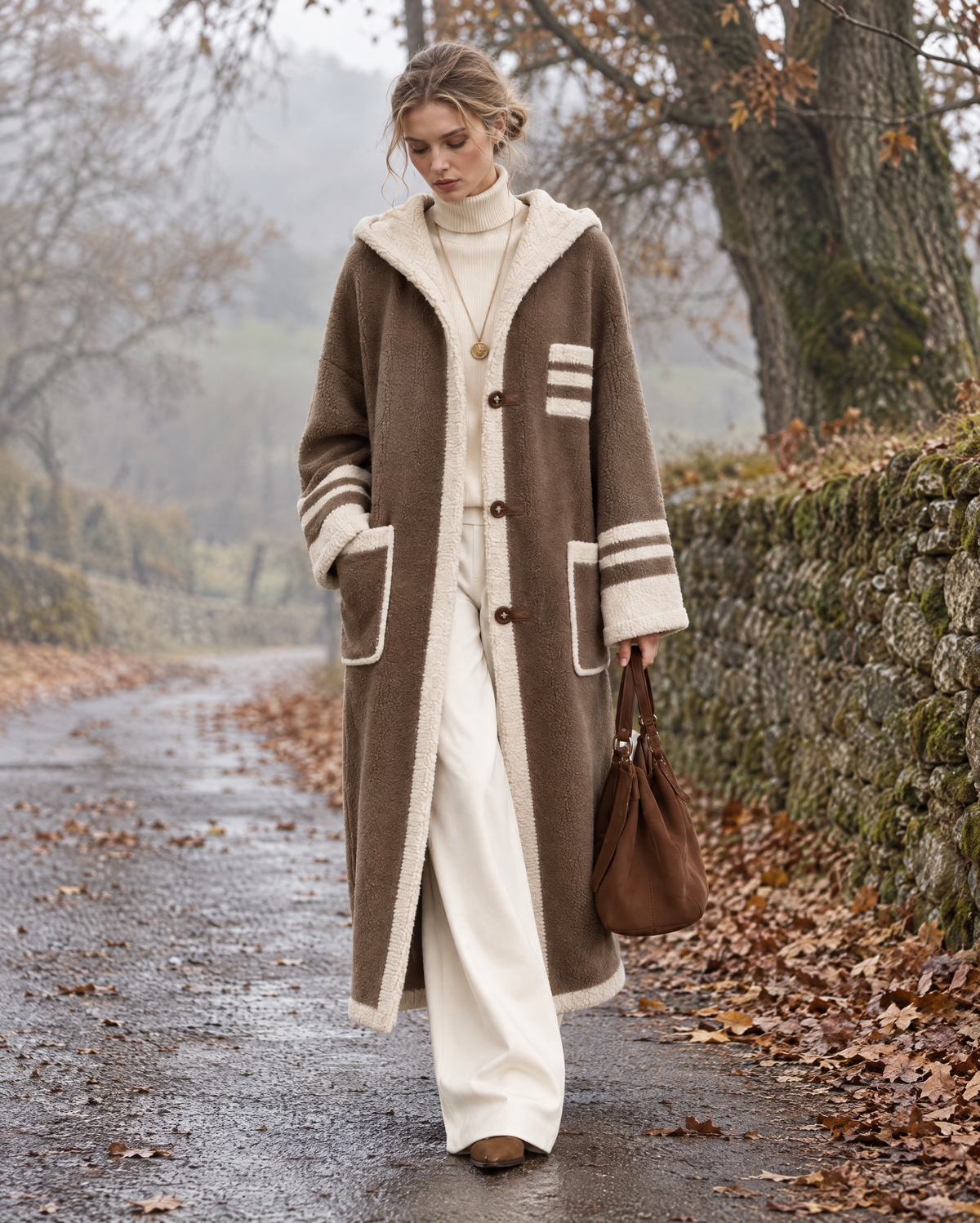 Casual Taupe Brown Teddy Sherpa Hooded Long-sleeve Contrast Stripe Button-front Maxi Coat MVA004090AA