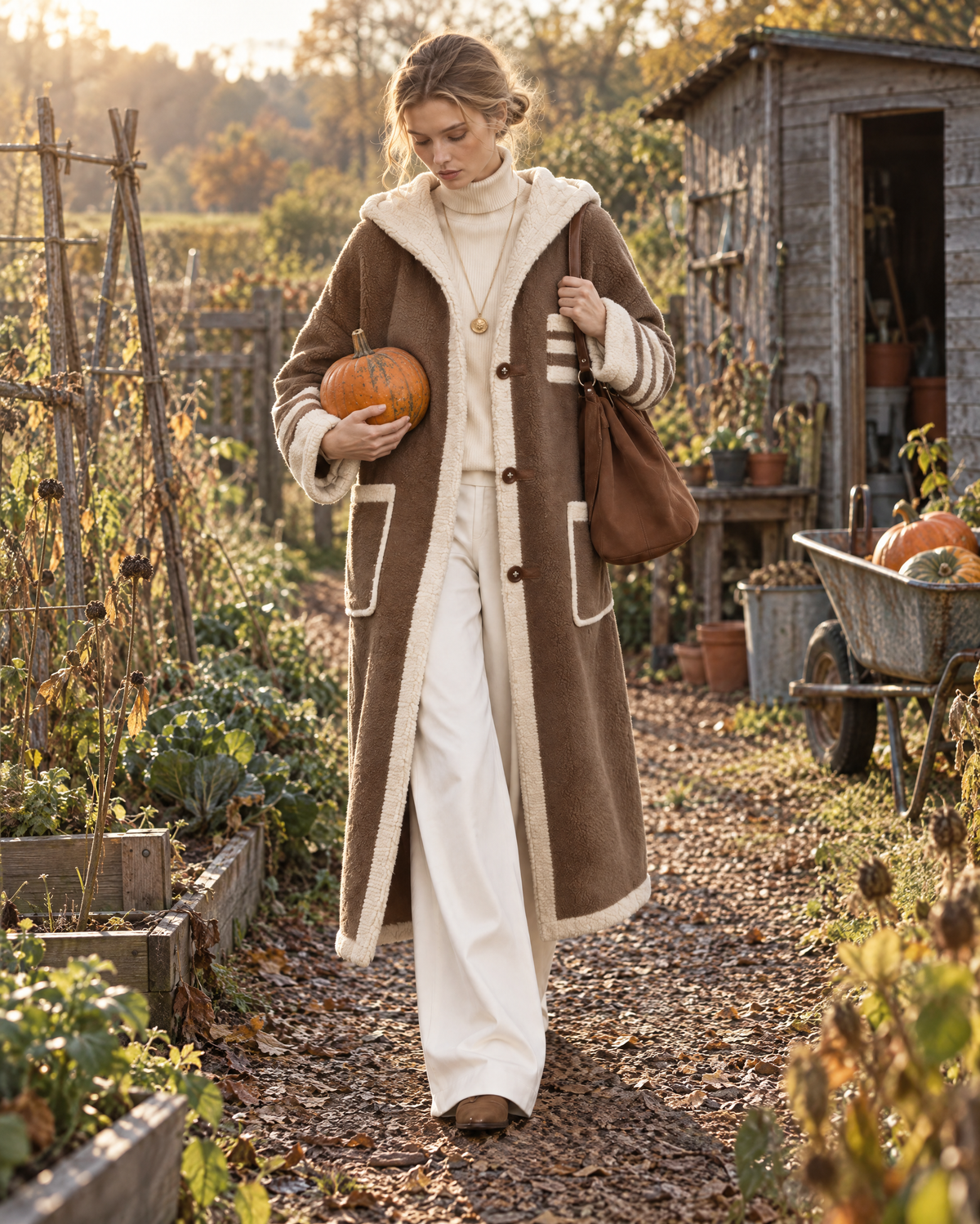 Casual Taupe Brown Teddy Sherpa Hooded Long-sleeve Contrast Stripe Button-front Maxi Coat MVA004090AA