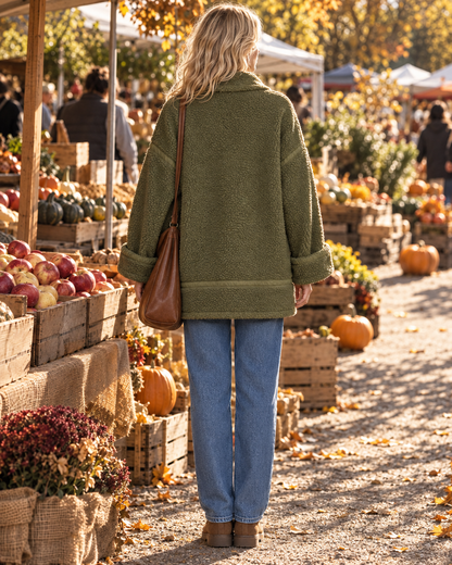 Casual Olive Green Sherpa Fleece Lapel Long-sleeve Open-front Oversized Jacket MVA004100AA