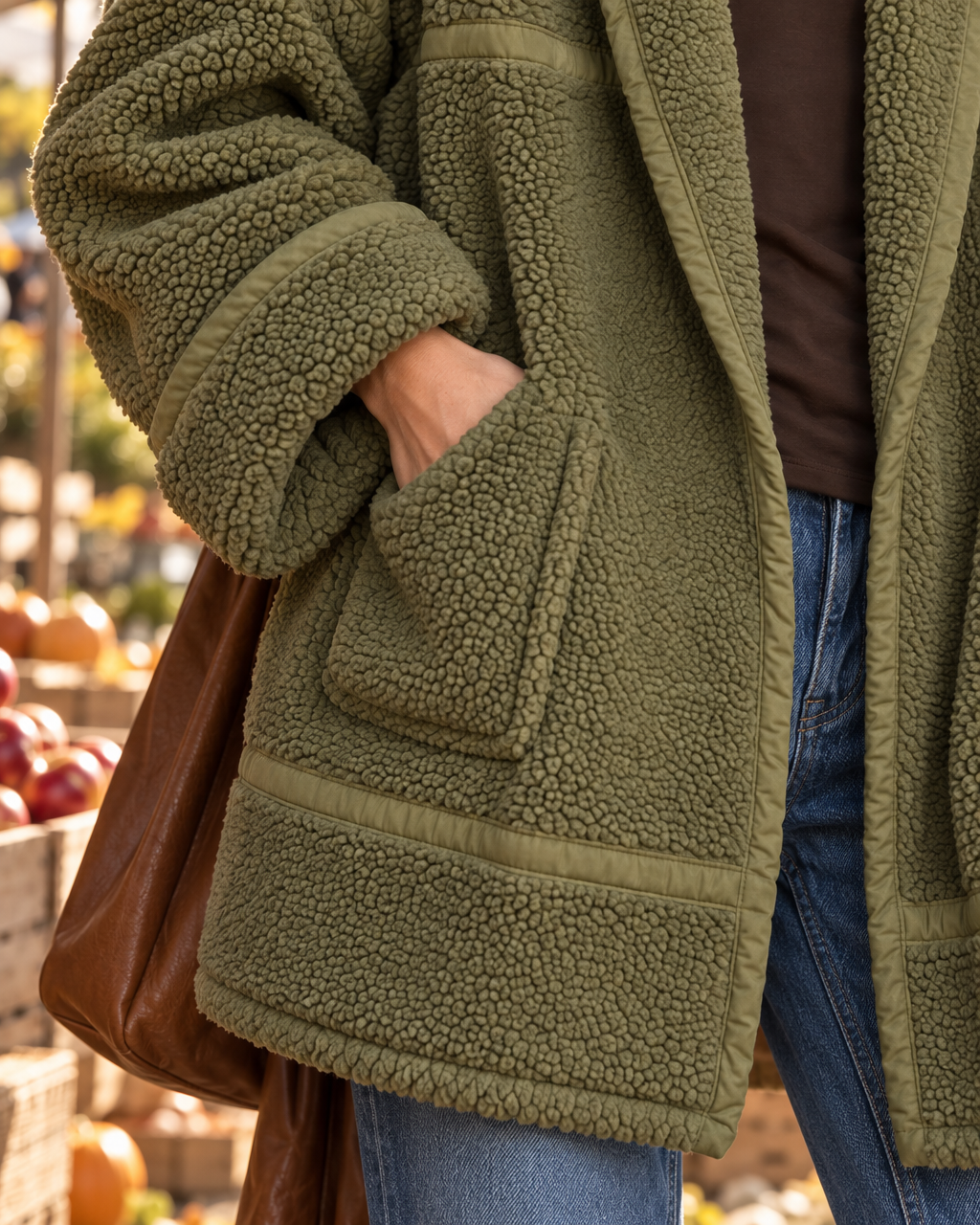 Casual Olive Green Sherpa Fleece Lapel Long-sleeve Open-front Oversized Jacket MVA004100AA