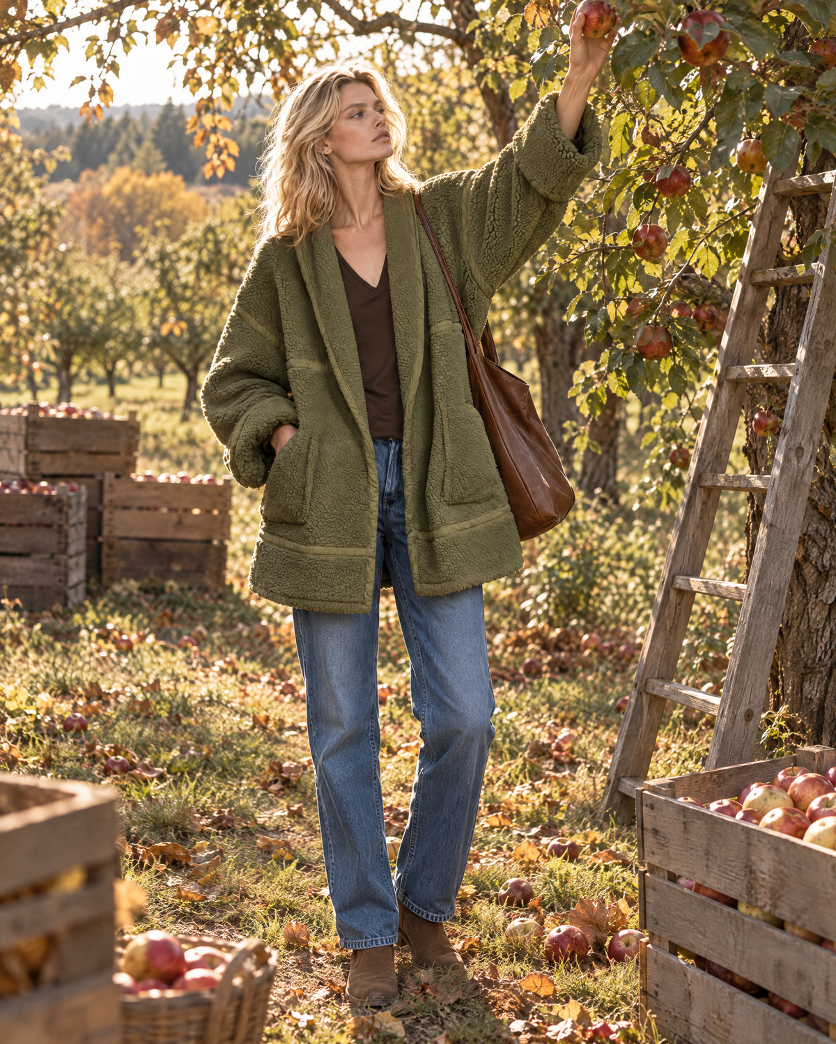 Casual Olive Green Sherpa Fleece Lapel Long-sleeve Open-front Oversized Jacket MVA004100AA