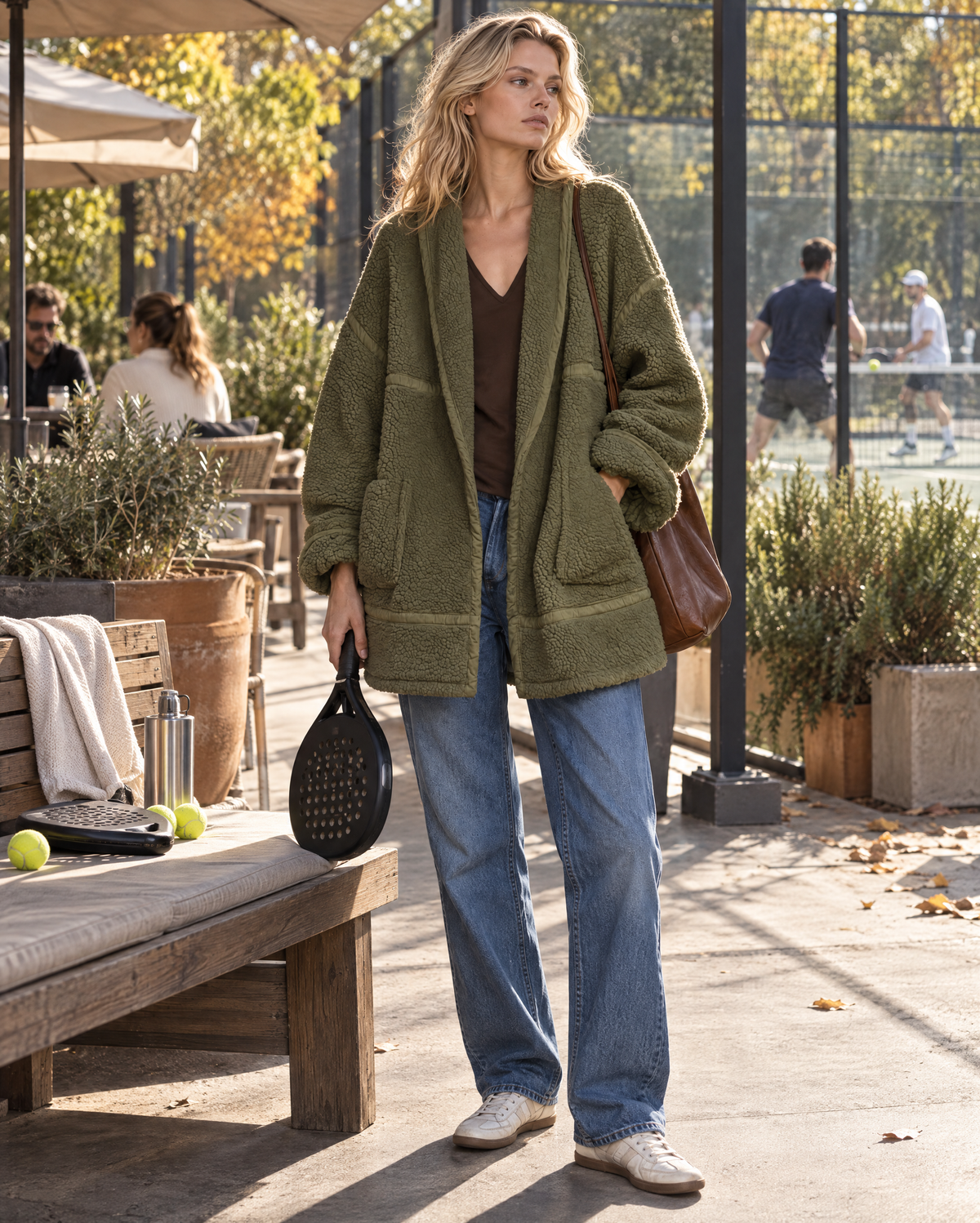 Casual Olive Green Sherpa Fleece Lapel Long-sleeve Open-front Oversized Jacket MVA004100AA