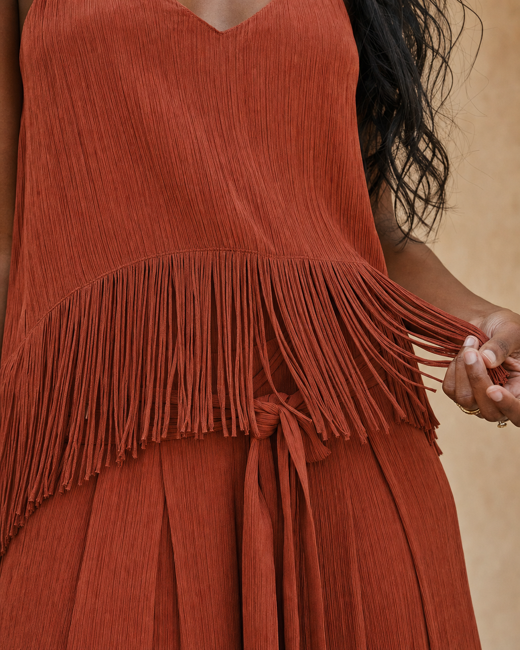 Boho Vacation Style Rust Fringe Spaghetti Strap Cami &amp; Tie Waist Wide Leg Pants Two Piece Matching Set MVA000410AA