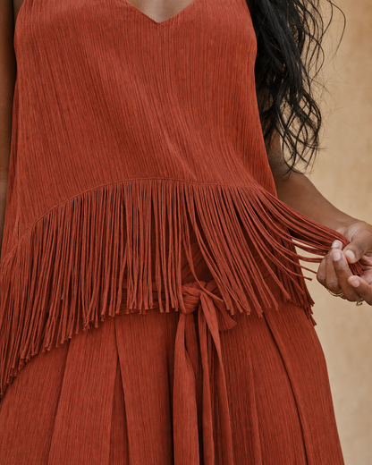 Boho Vacation Style Rust Fringe Spaghetti Strap Cami &amp; Tie Waist Wide Leg Pants Two Piece Matching Set MVA000410AA