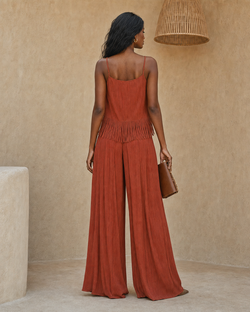 Boho Vacation Style Rust Fringe Spaghetti Strap Cami &amp; Tie Waist Wide Leg Pants Two Piece Matching Set MVA000410AA