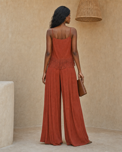 Boho Vacation Style Rust Fringe Spaghetti Strap Cami &amp; Tie Waist Wide Leg Pants Two Piece Matching Set MVA000410AA