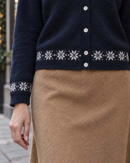 Elegant Navy Knit V-neck Long-sleeve Snowflake Jacquard Trim Button-front Cardigan MVA004120AA
