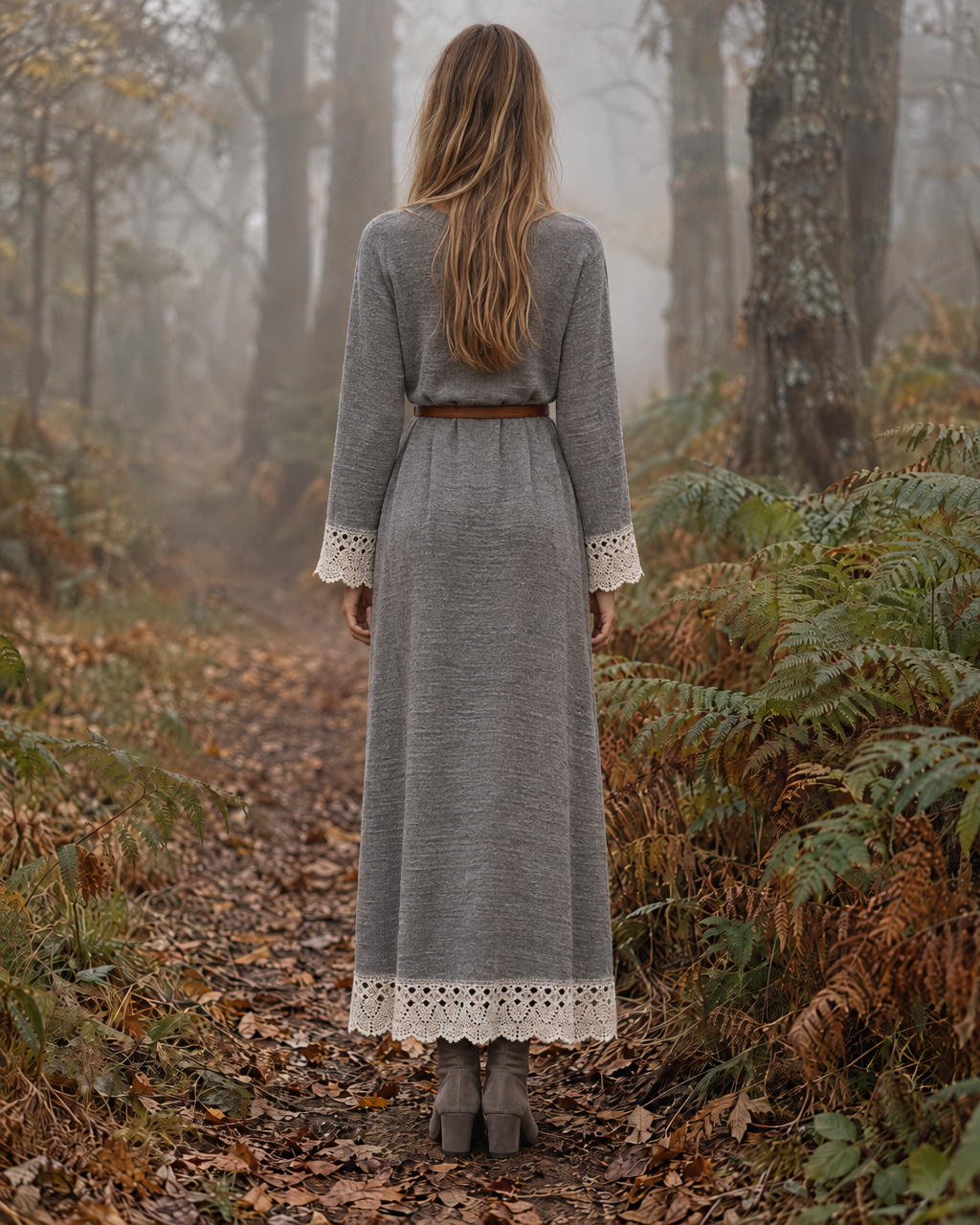 Bohemian Grey Brushed Knit Round Neck Long-sleeve Crochet Lace Trim Maxi Sweater Dress MVA004140AA