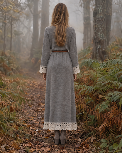Bohemian Grey Brushed Knit Round Neck Long-sleeve Crochet Lace Trim Maxi Sweater Dress MVA004140AA