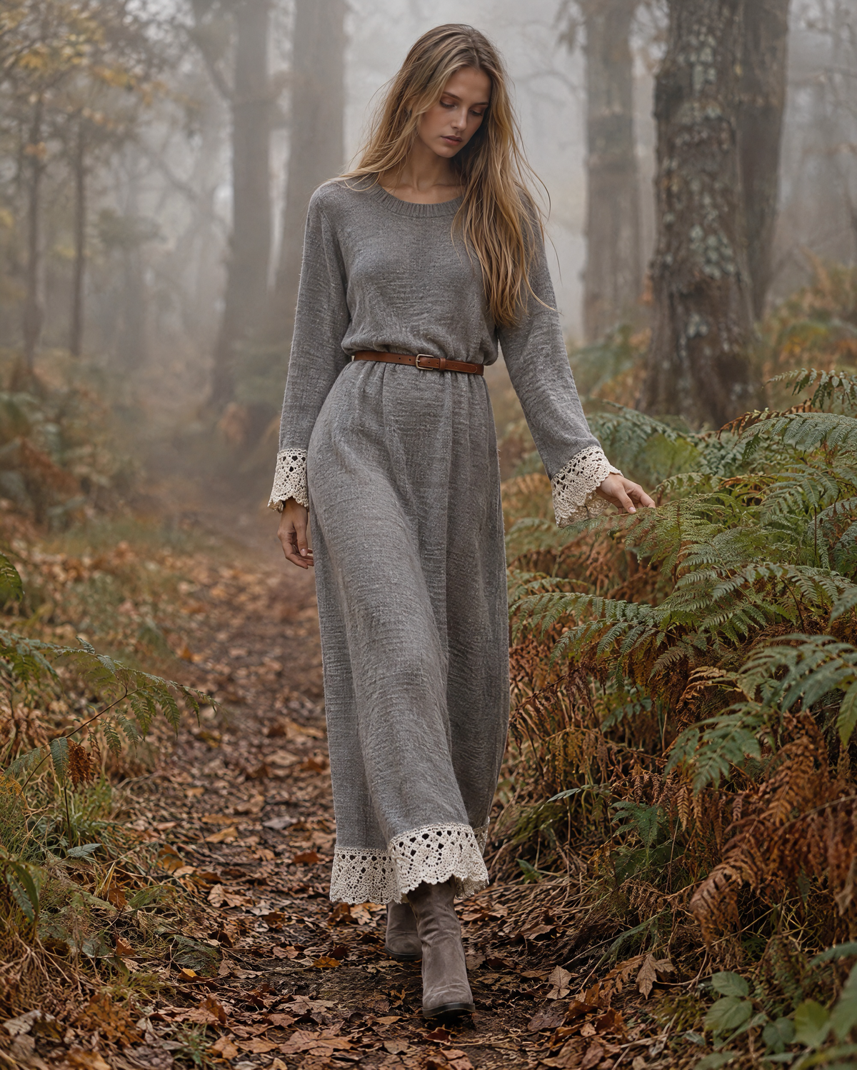 Bohemian Grey Brushed Knit Round Neck Long-sleeve Crochet Lace Trim Maxi Sweater Dress MVA004140AA