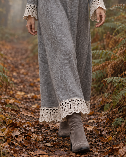 Bohemian Grey Brushed Knit Round Neck Long-sleeve Crochet Lace Trim Maxi Sweater Dress MVA004140AA